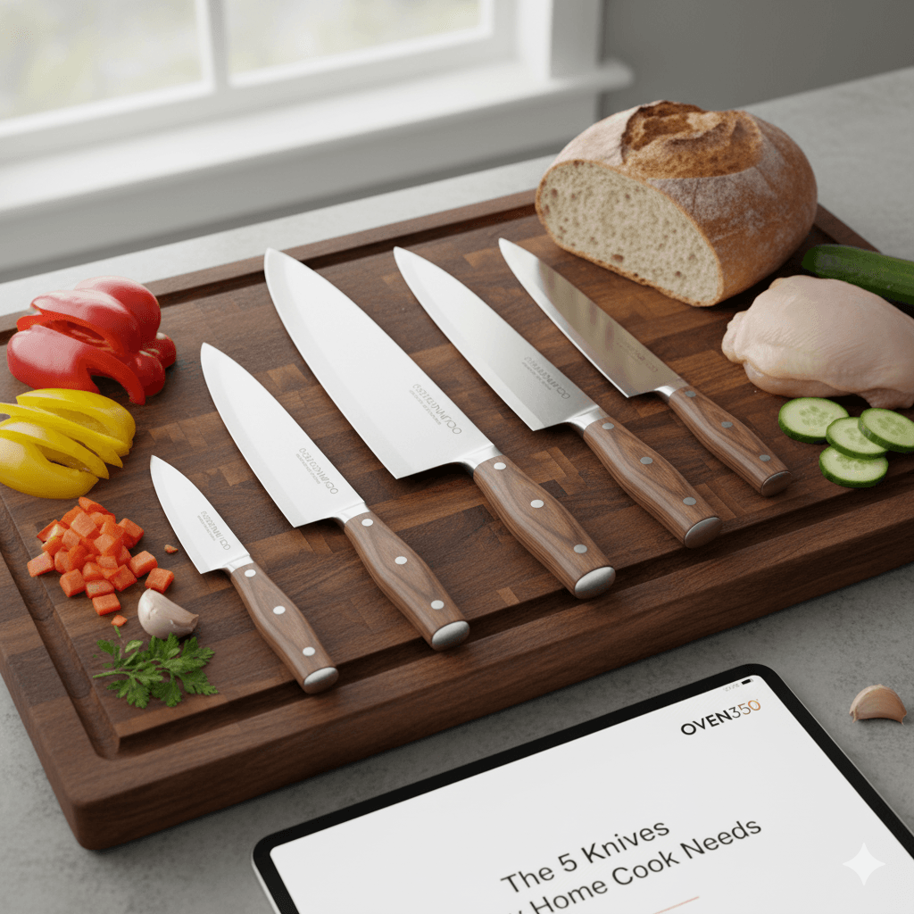 Five essential kitchen knives on a wooden cutting board