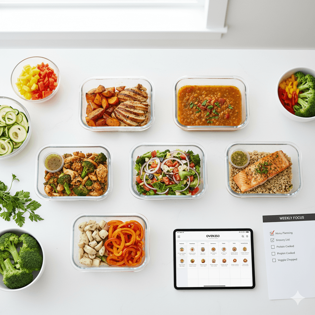 A collection of meal prep containers filled with colorful, healthy meals