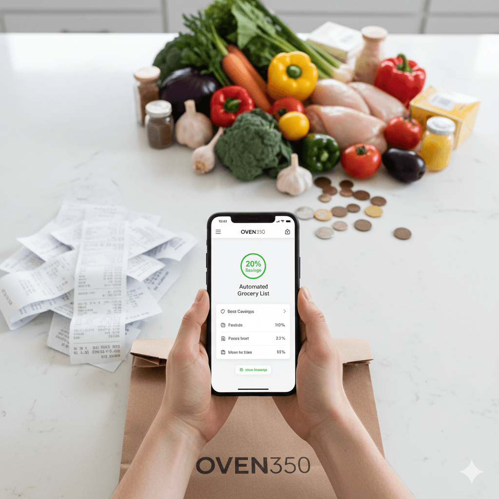 Family planning meals in the kitchen with OVEN350 app on tablet