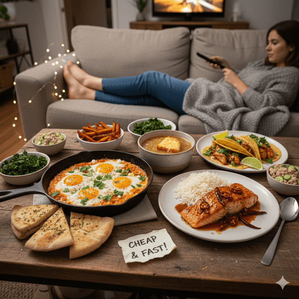 Lazy meals on a table — eggs, tacos, soup, and fries